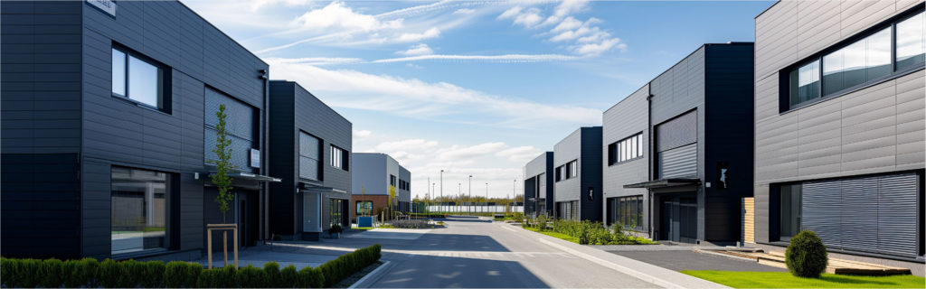 Zone tertiaire moderne avec bâtiments connectés et pilotés à distance