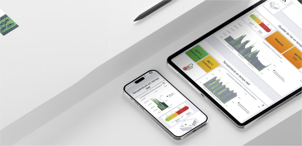 Tableau de bord Ewattch affiché sur smartphone et tablette permettant de suivre en temps réel la qualité de l’air, les températures et les indicateurs de performance énergétique depuis n’importe quel appareil.