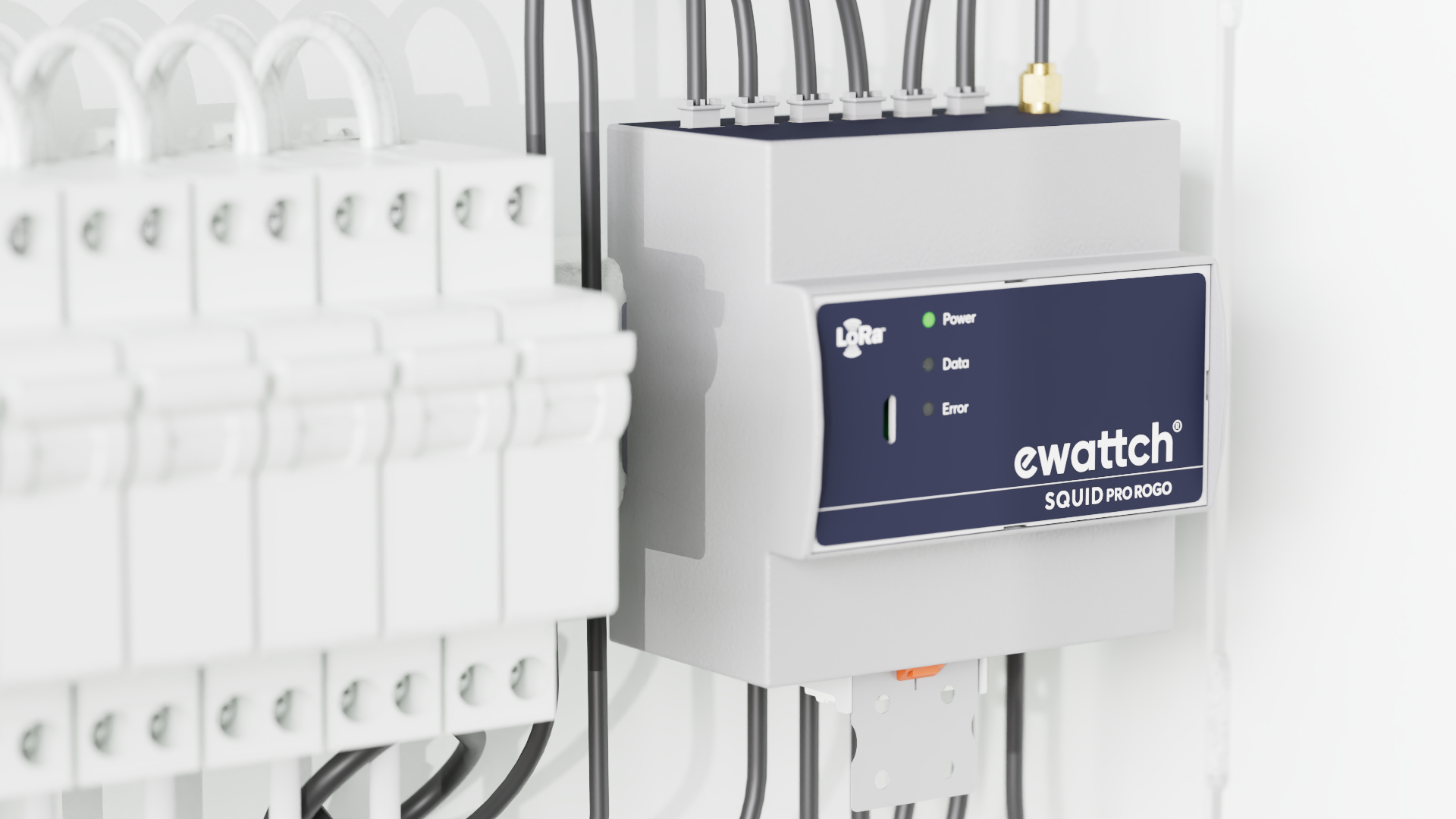 Module Squid Pro ROGO d’Ewattch installé dans un tableau électrique, mesurant les flux et consommations via LoRa.
