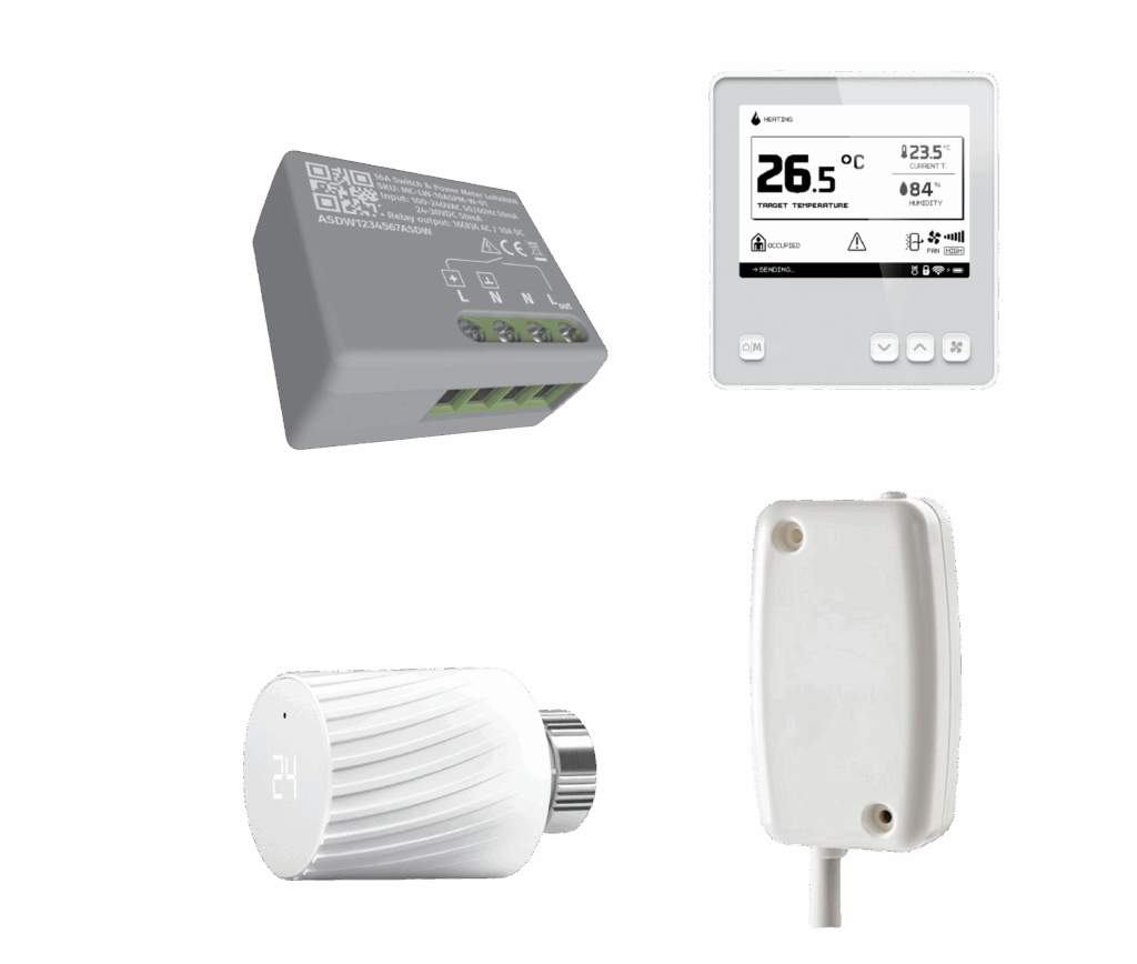 Ensemble d’actionneurs : module relais, thermostat mural, vanne thermostatique et capteur filaire, utilisés pour le pilotage du chauffage, l’automatisation CVC et l’optimisation énergétique des bâtiments.