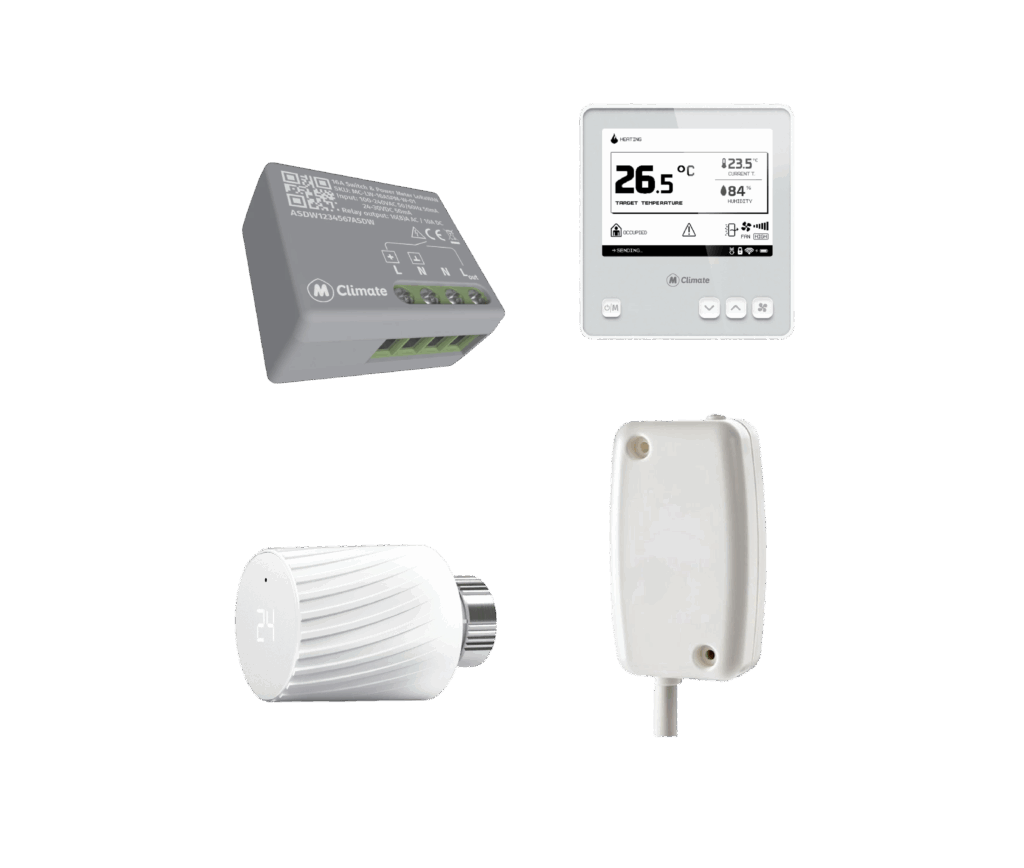 Ensemble d’actionneurs : module relais, thermostat mural, vanne thermostatique et capteur filaire, utilisés pour le pilotage du chauffage, l’automatisation CVC et l’optimisation énergétique des bâtiments.
