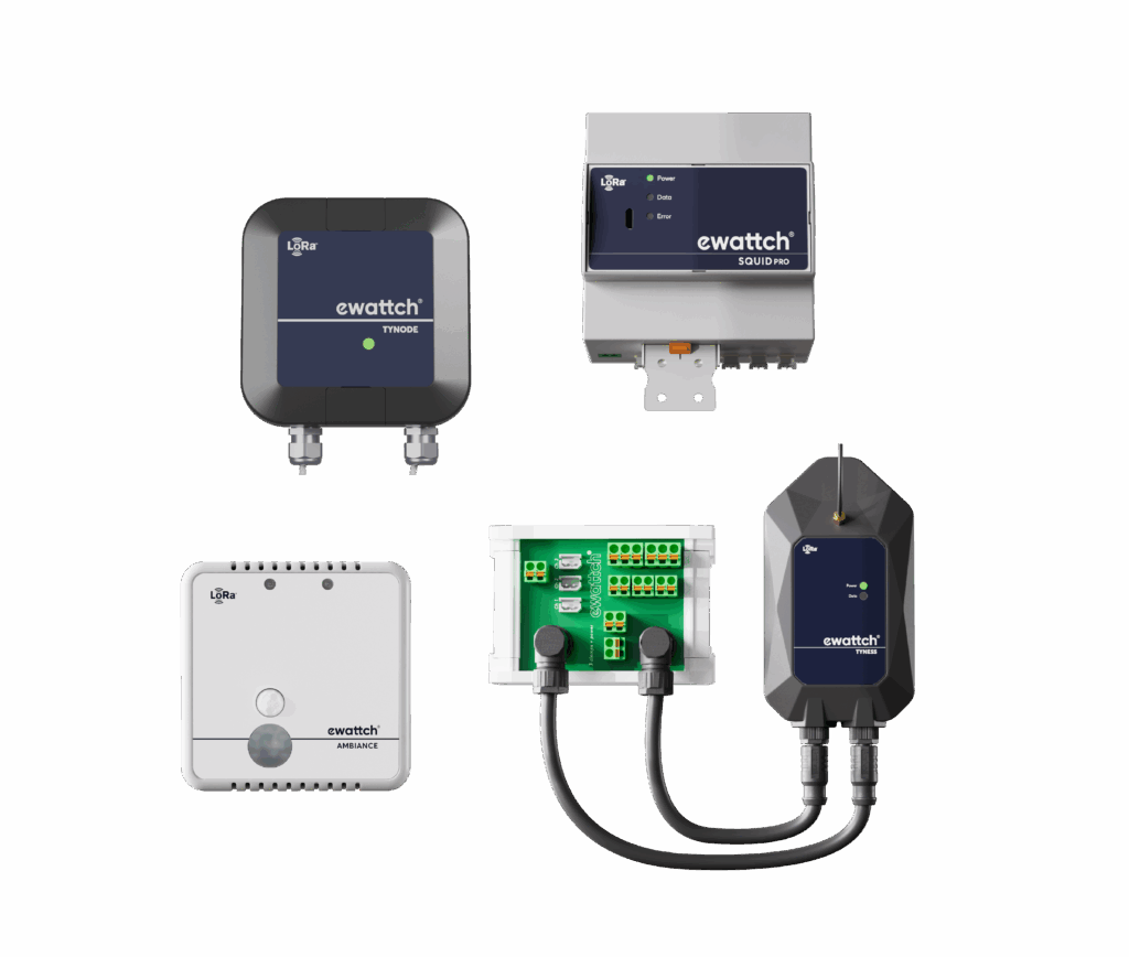 Ensemble de capteurs IoT Ewattch : TyNode, Squid Pro, Ambiance, Tyness, utilisés pour la mesure énergétique, la supervision CVC et le pilotage des bâtiments.