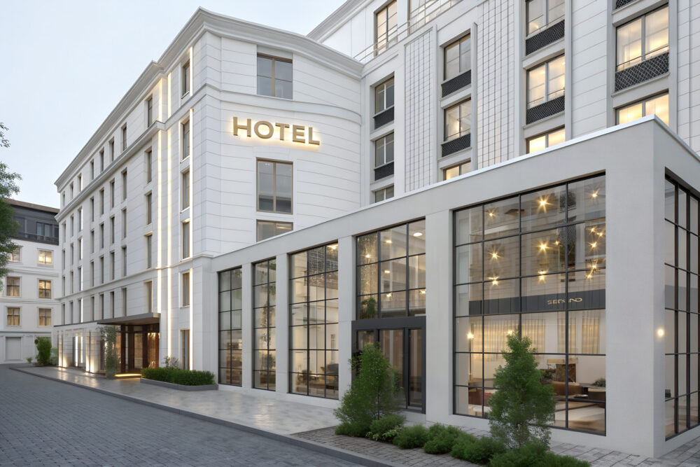 Façade extérieure d’un hôtel moderne, illustrant un bâtiment tertiaire optimisé pour le confort des clients, la qualité d’exploitation et la performance énergétique.