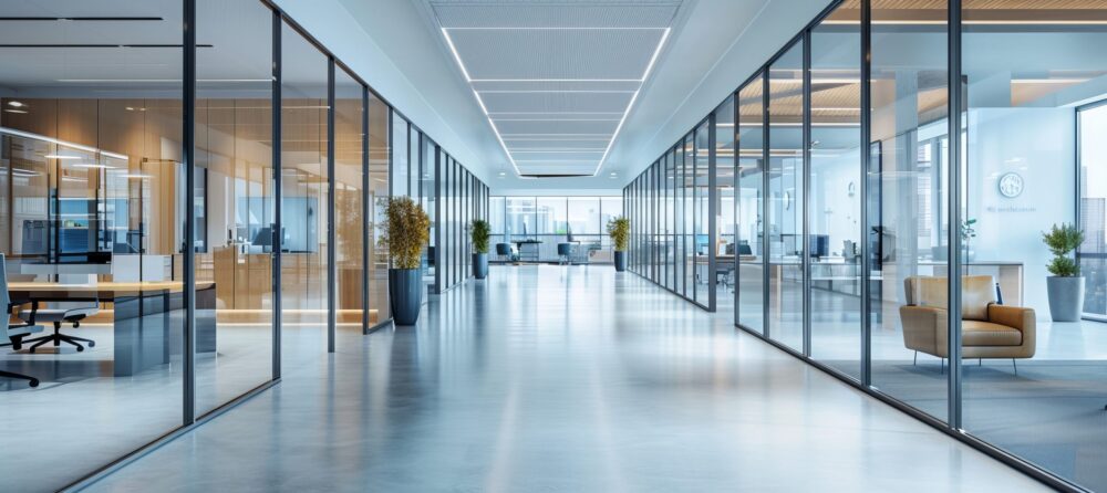 Corridor of a modern commercial building with glass offices, illustrating optimized space management, comfort, and energy efficiency.
