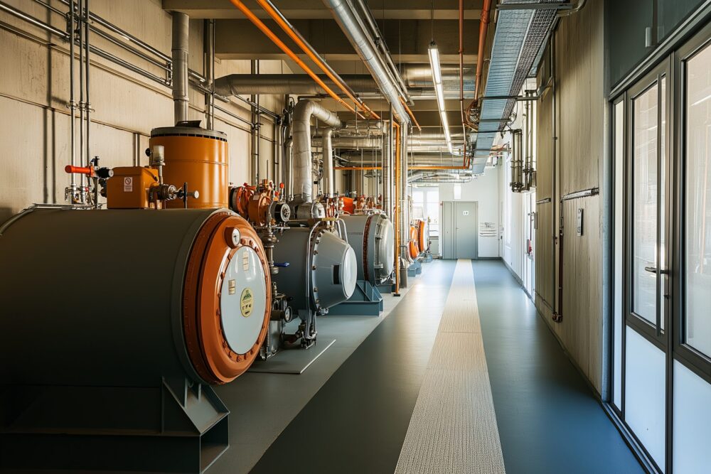 Local technique d’hôtel avec équipements de chauffage et installations énergétiques industrielles.