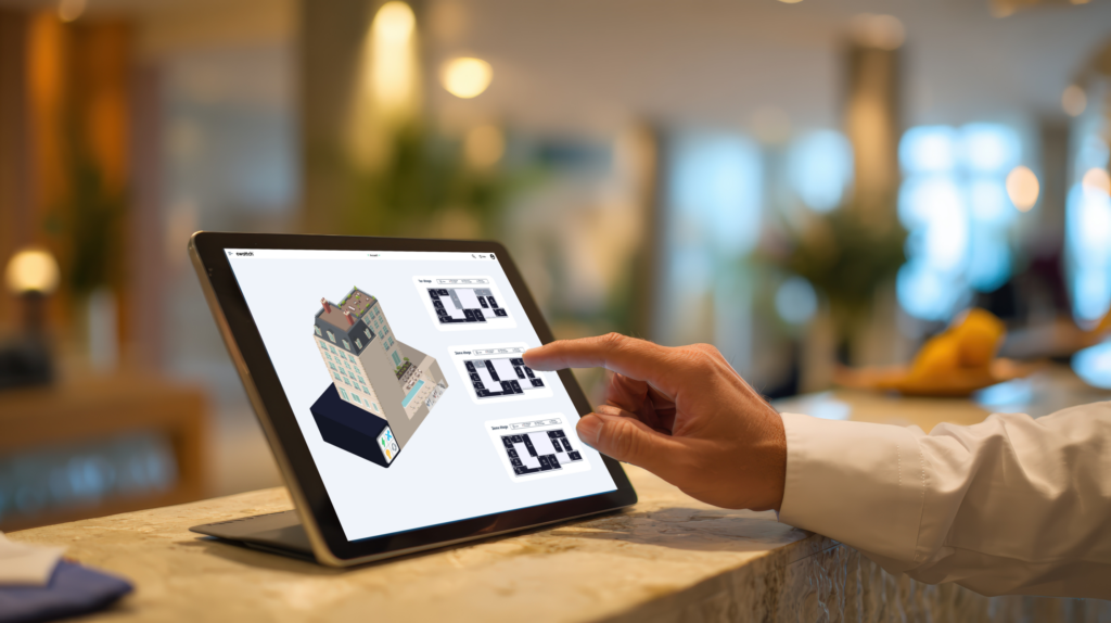 Tablette affichant une maquette numérique d’hôtel pour superviser les équipements et les consommations.