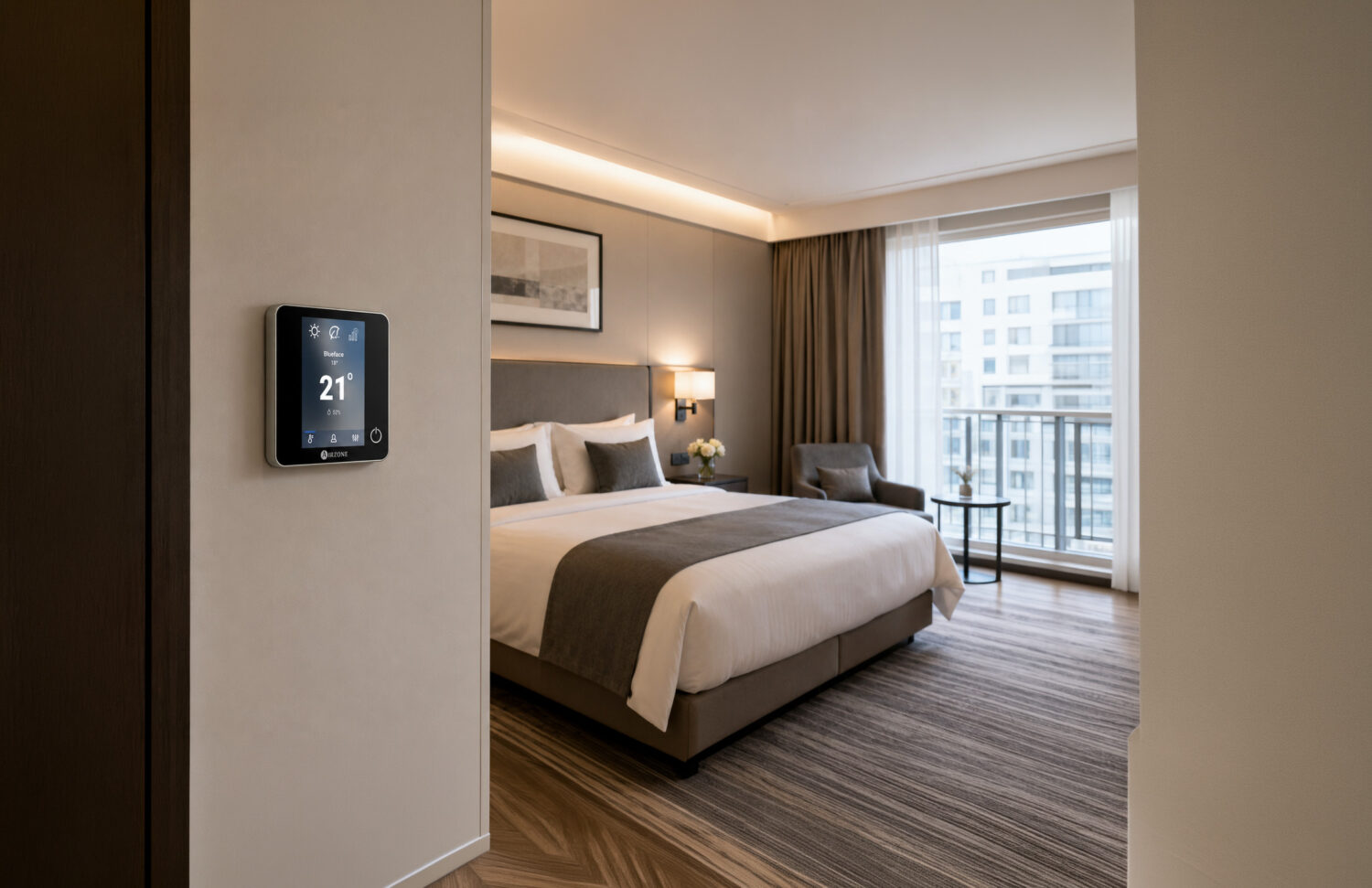 Thermostat tactile installé dans une chambre d’hôtel permettant au client de régler la température et le confort de son espace.