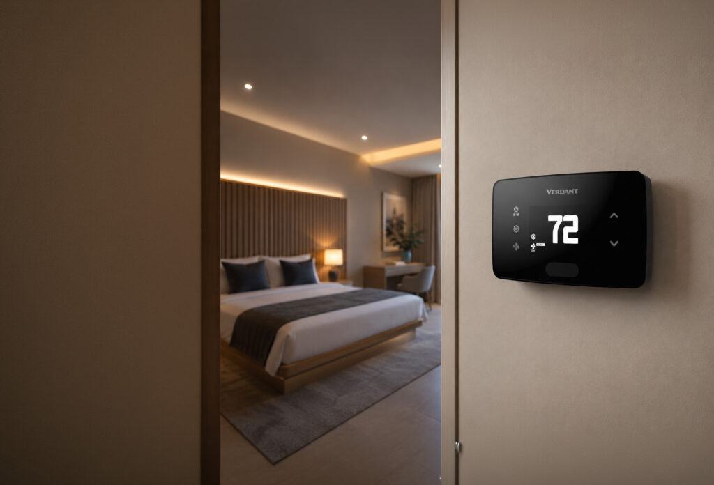 Thermostat connecté installé dans une chambre d’hôtel.